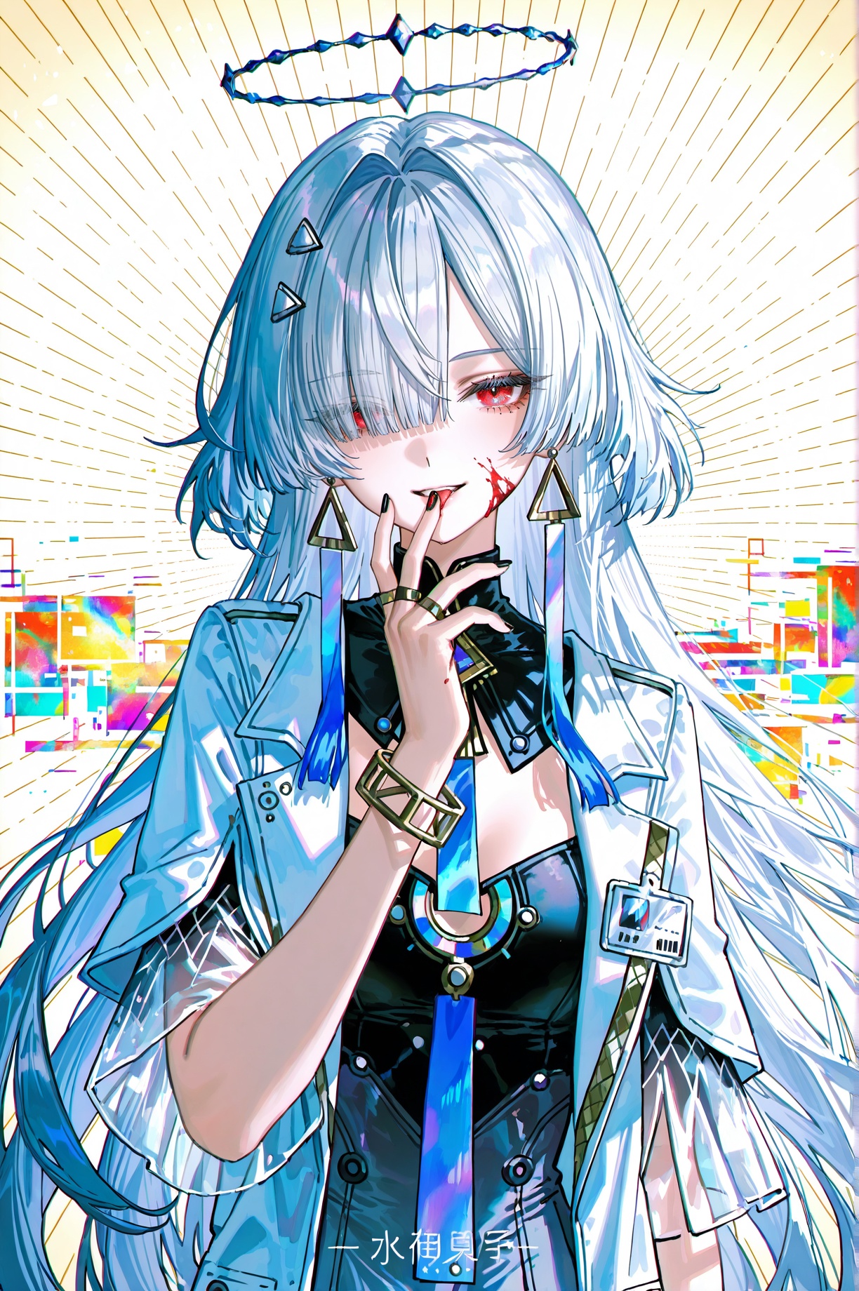 8k,best quality,masterpiece,(ultra-detailed),(high detailed skin),artist:john kafka,(artist:wanke:0.9),artist:fuzichoco,artist:quasarcake,(artist:nixeu:0.8),(1girl:1.2),upper body,light grin,chromatic aberration,cyberpunk,licking finger,glitch lump on face,lens_flare,colorful,chromatic aberration,dynamic pov,Chromatic Aberration,Glitch lettering,abstract art,(clear lines:1.1),(squares:1.1),bright,limited palette,canonical composition,(neat diagonal striped background:1.2),(Light Yellow background:1.1),ultra-detailed,film grain,geometry stripe,genderswap,blood on face,<lora:Mornye-noob-Tanger:0.8>,Mornye \(Wuthering Waves\),clothes: Mornye def grey-and-black skirt,see-through legs,1girl,halo,jewelry,long hair,hair over one eye,earrings,grey hair,bracelet,red eyes,