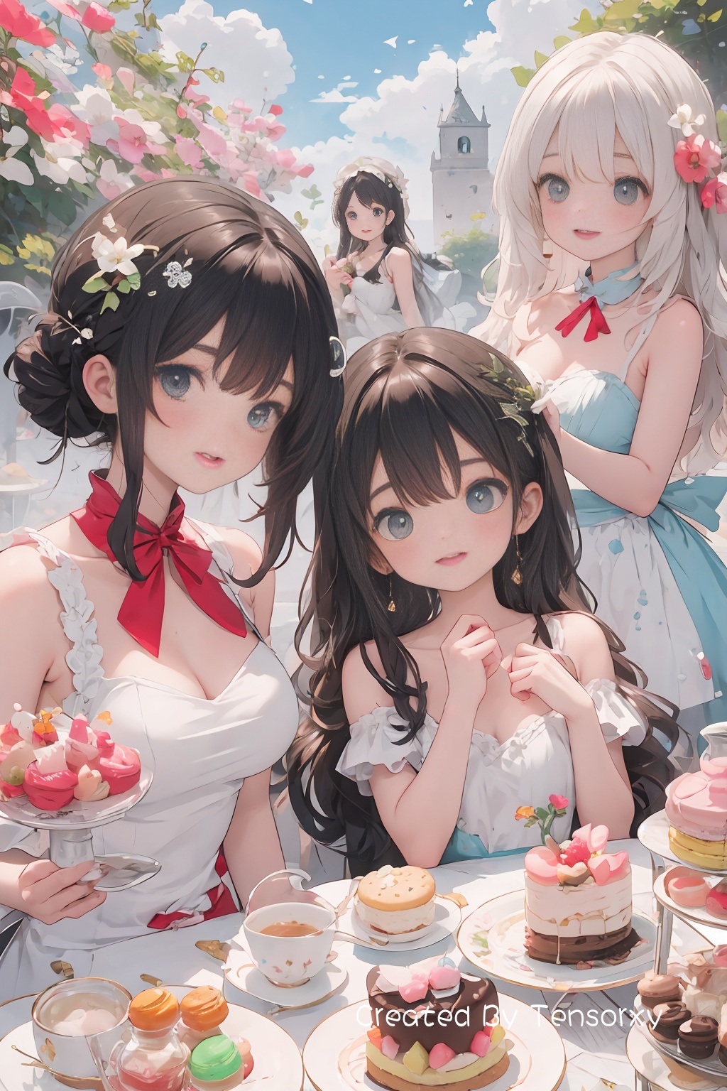4+ girls,multiple colored hairs,sweet maids,random cute faces,group shot,zoom camera,sweet tea party,lots of cakes,macarons,chocolates,parfaits,cookies,land of sweets,