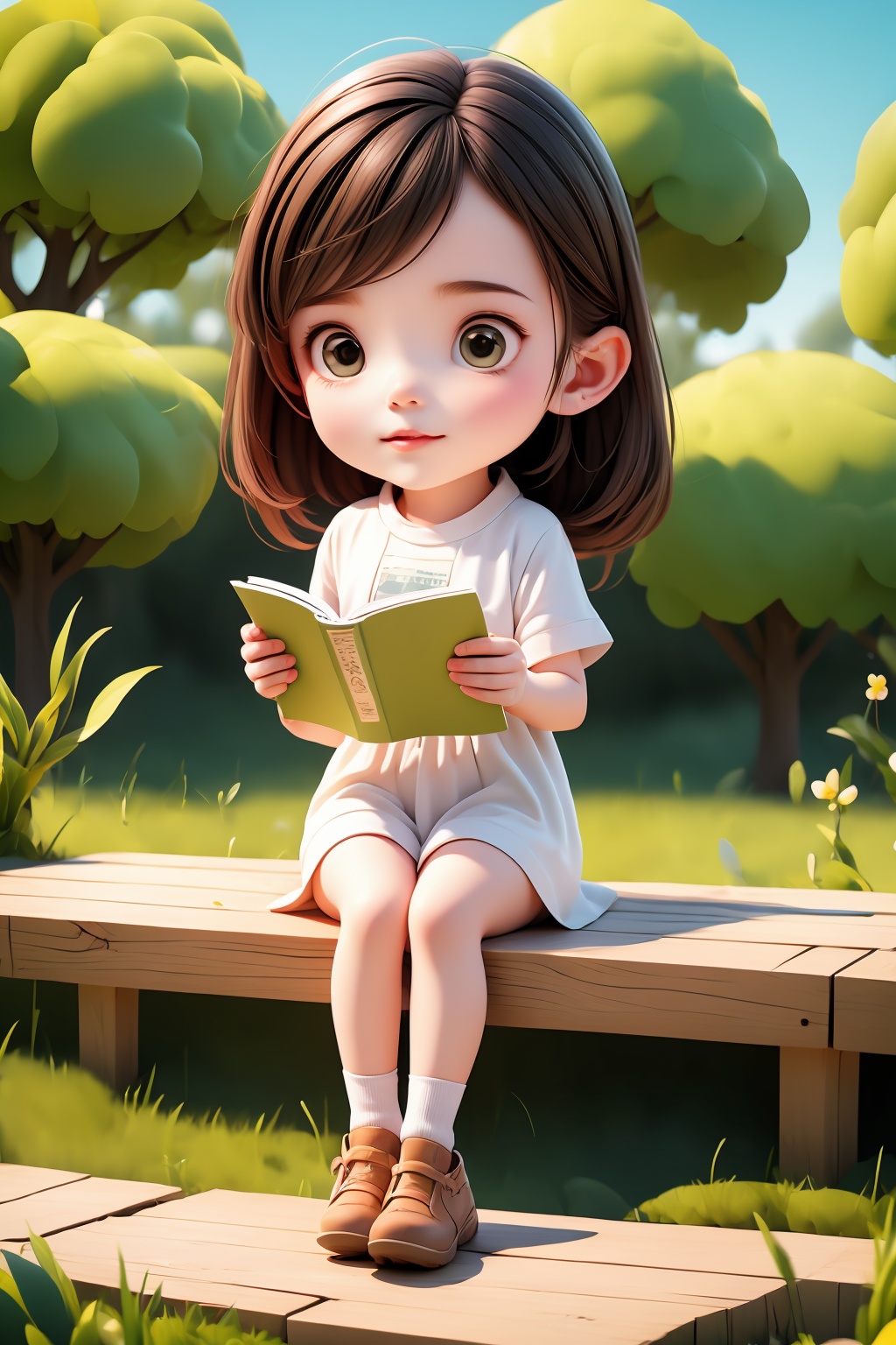 A cute little girl,sitting,reading,outdoors,