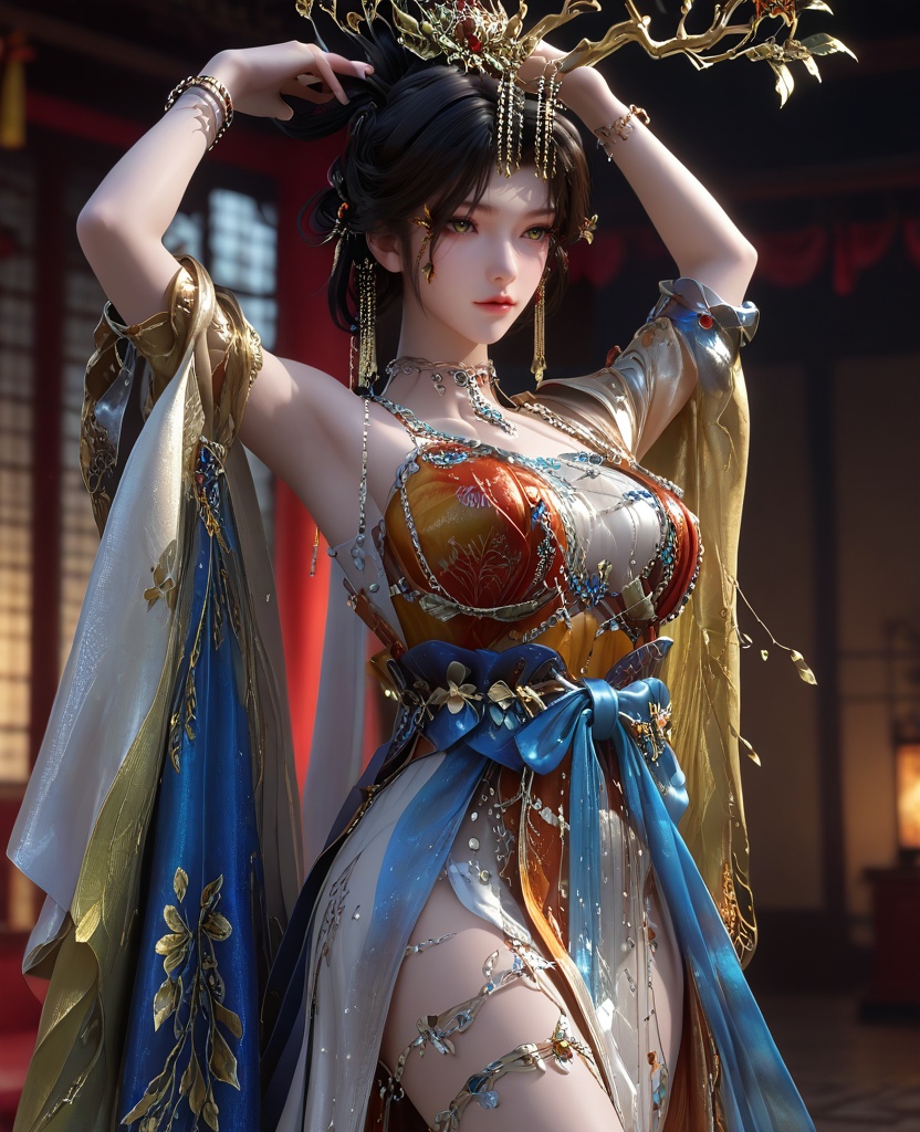 (oriental architecture, elegant decor, sophisticated style:1.1),(Raised arms:1.1),cowboy shot,(large breasts:1.2),<lora:XL16云深不知梦羲和淬火令:0.95>,miss xihe,orange gown with white tulle skirt,yellow eyes,black hair,looped bun with tresses,hair ornament,jewelry,, score_9,score_8_up,score_7_up,score_6_up,score_5_up,score_4_up,3d rendering,tag1,tag2, Cinematic Lighting,backlighting,