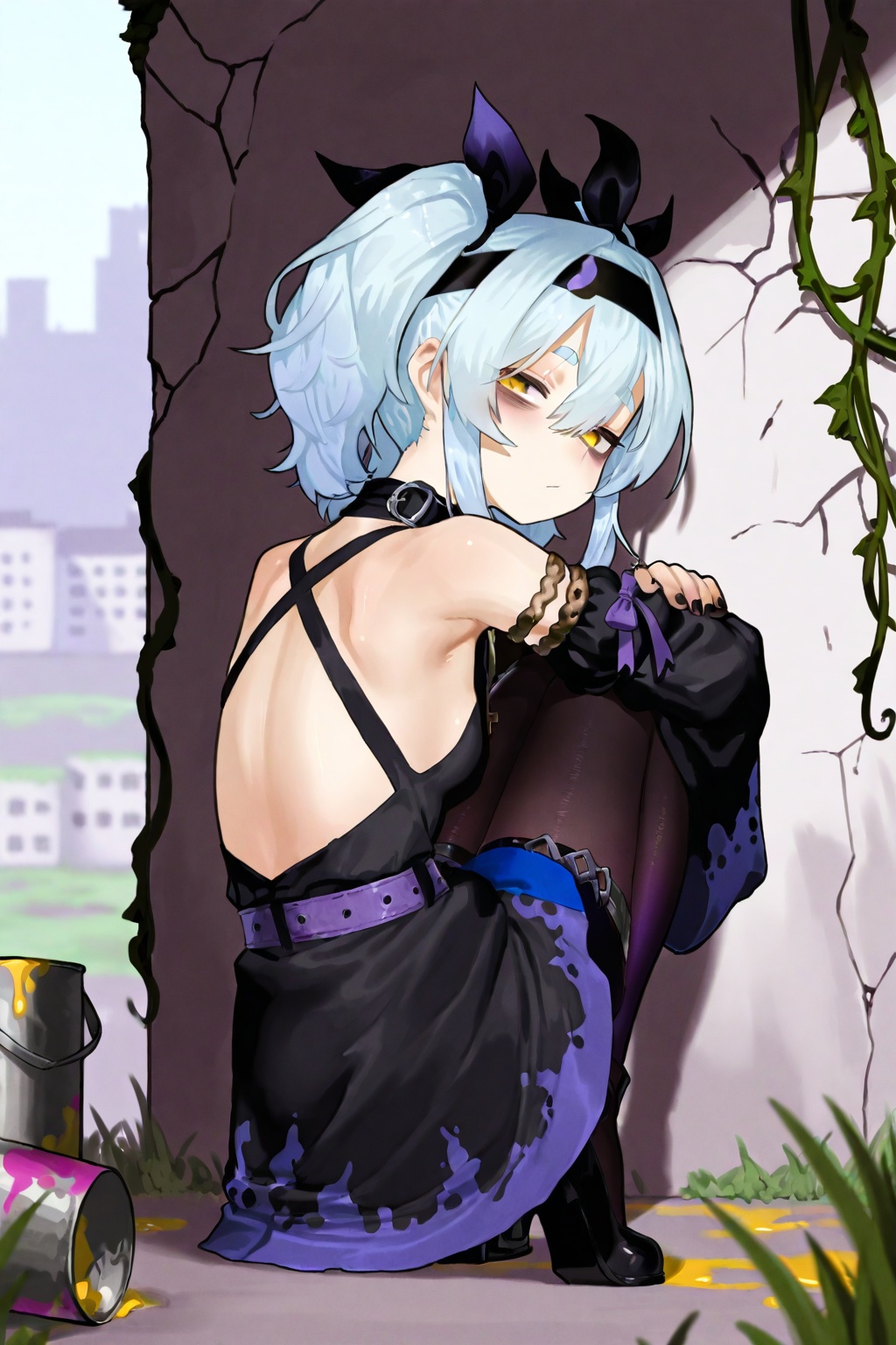 highres,absurdres,Visual impact,masterpiece,best quality,very aesthetic,amazing quality,very awa,newest,<lora:EkreaJan-Style-000050>,\\//,1girl,solo,hair between eyes,medium hair,twintails,light blue hair,long sidelocks,gradient eyes,yellow eyes,(orange eyes:0.8),bags under eyes,tareme,half closed eyes,short eyebrows,Black nails,(Black headband:1.1),(purple bow hair tie:1.1),bare shoulders,Purple lining,bow collar,black dress,(halter-neck dress:1.1),(Cross halter-neck dress:1.1),sleeveless dress,detached sleeves,long sleeves,puffy sleeves,wide sleeves,Black sleeves,(Bow armlet:1.8),(dark purple armlet:1.1),(dark purple belt:1.1),(purple belt:1.3),gradient pantyhose,black pantyhose,dark purple leg garters,fine fabric emphasis,high heels,\\//,1girl,solo,\,facing away,(facing back:1.5),tiptoes up,wall,(broken wall:1.3),(cityscape:1.1),(prison:1.1),paint can,paint splatter,grass,vines,looking back,smash wall,wall towards viewer,huge wall,sitting,fourth wall,hugging own legs,