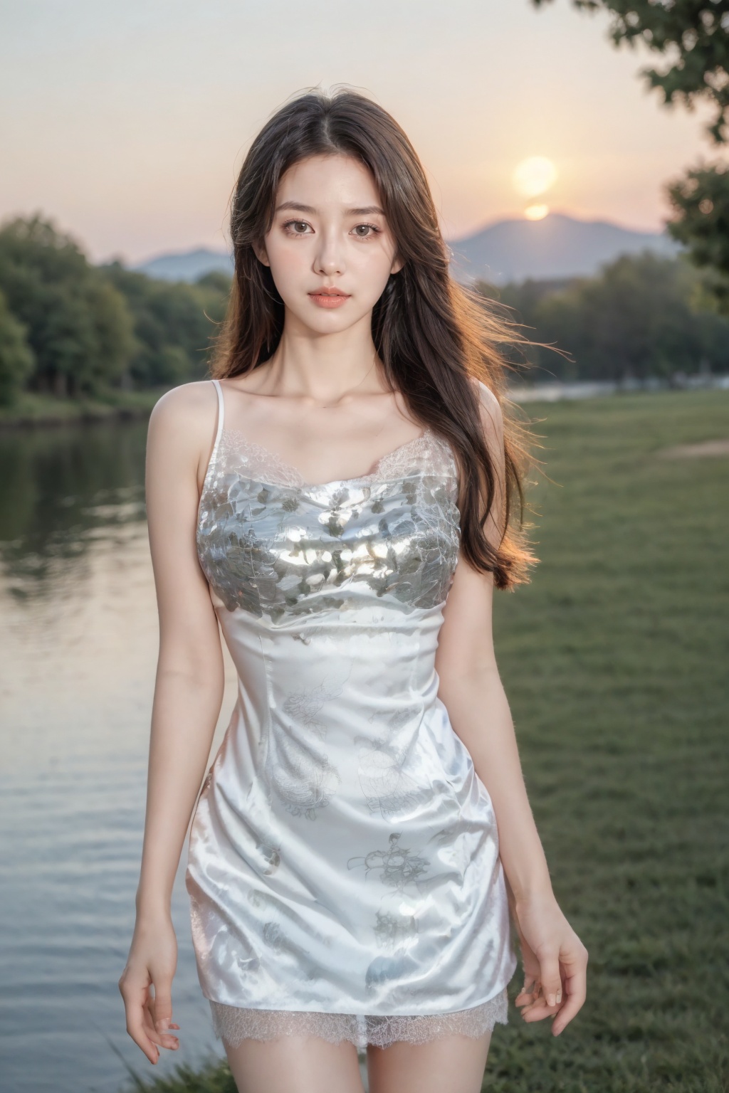 Realistic,(masterpiece:1.2),best quality,8K,HDR,RAW,depth of field,blurry,1girl,( long hair,delicate girl),(Park, lake, peach blossom, sunset),(looking at viewer),((solo)),huge breasts,standing,<lora:add_detail:0.6>,<lora:GoodHands-beta2:1>,<lora:ENNE 白色吊带连衣短裙_v10:0.8>,white halter mini dress,