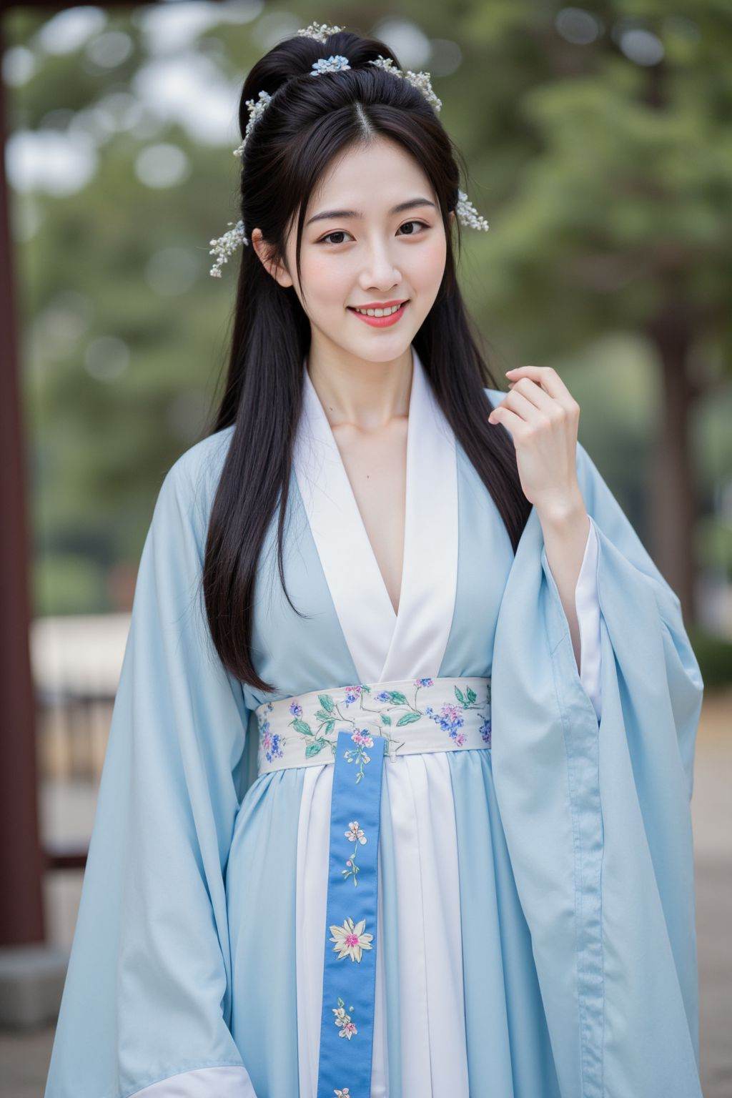 Cinematic photo a photograph of a woman with fair skin and long black hair,blue and white hanfu,outdoors,