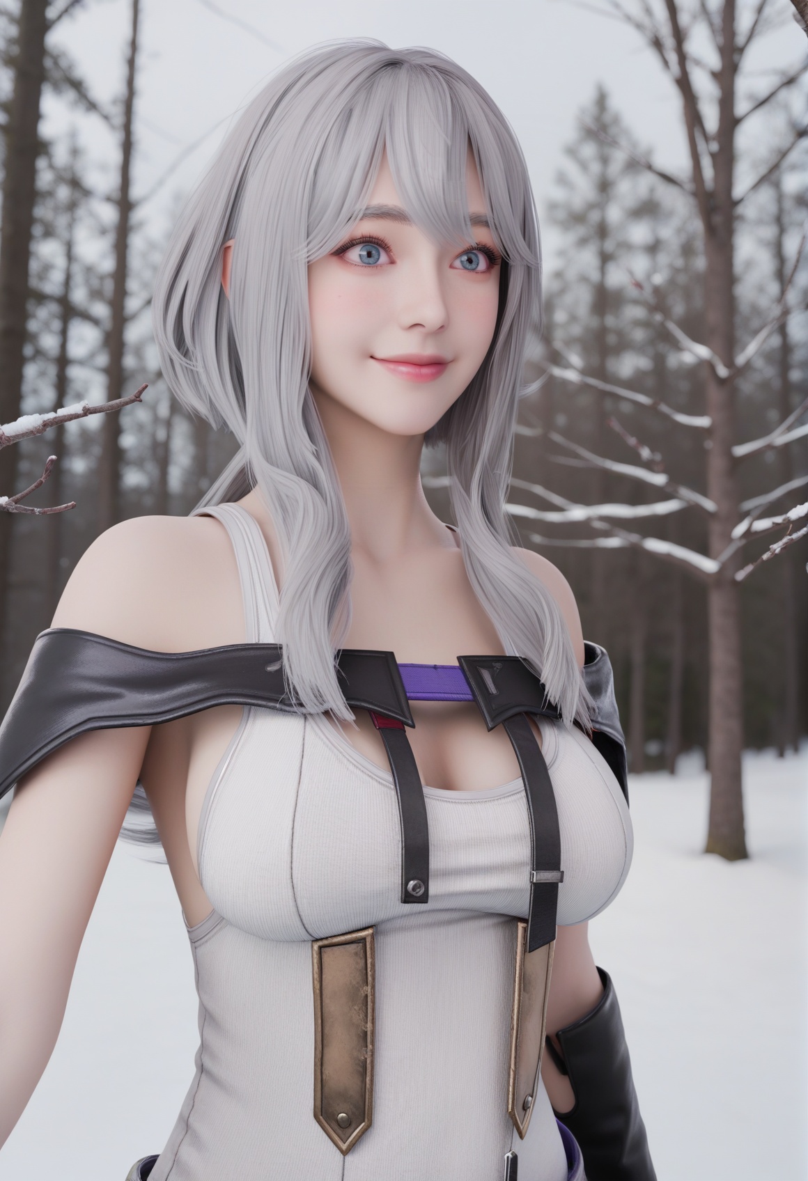 (score_9),<lora:红莲-pony:0.8>,1girl,solo,grey hair,light blush,white **** top,**** top,bare shoulders,rerebrace,(fingersmile),in snow,Tyndall effect,available light,depth of field,tree,snowflakes,branch,twig,masterpiece,best quality,absurdres,highres,