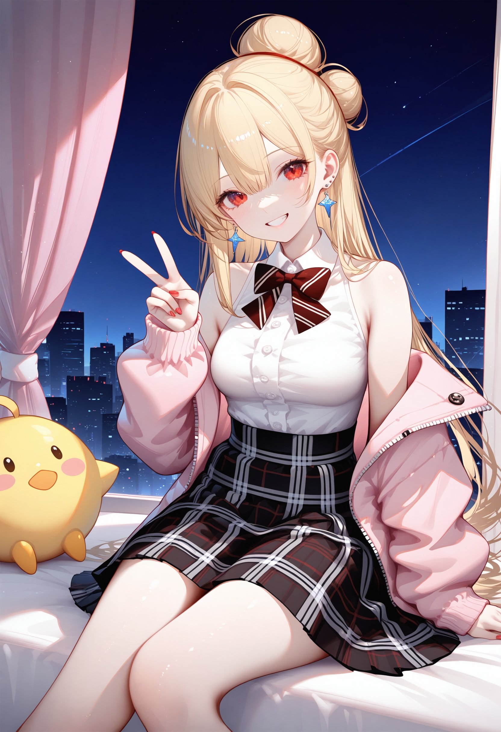 1girl, blonde hair, solo, smile, skirt, long hair, hair bun, jewelry, shirt, jacket, breasts, looking at viewer, bangs, white shirt, bow, v, sitting, off shoulder, plaid, red eyes, earrings, hair between eyes, sleeveless, black skirt, bare shoulders, long sleeves, pink jacket, curtains, open clothes, plaid skirt, grin, medium breasts,BREAK best quality,amazing quality,very aesthetic,absurdres,masterpiece,best quality,amazing quality,very aesthetic,absurdres,<lora:珊瑚鲨XL:1>,