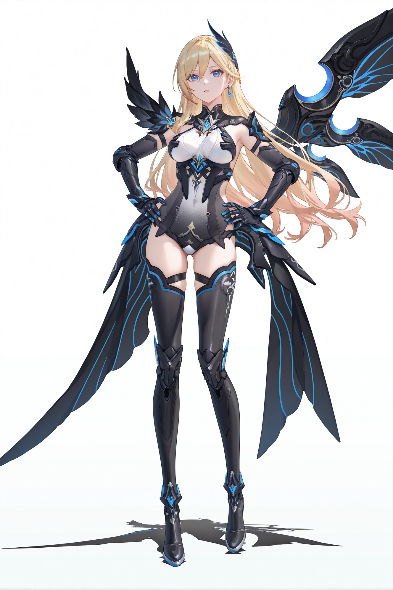 8k,best quality,masterpiece,(ultra-detailed),(high detailed skin),((artist:reoen),(artist:fuzichoco),(artist:atdan),(artist:torino_aqua),year 2024:0.8)1girl,[artist:wlop],[artist:ningen_mame],artist:ciloranko,[[artist:rhasta]],artist:tidsean,colorful,full body,full shot,standing,looking at viewer,(solo:1.2),simple background,(white background:1.2),hand on own hip,(white background:1.1),<lora:Durandal-PalatinusEquinox-ill-Tanger:0.8>,Durandal \(Palatinus Equinox\) dark,clothes: black style armor suit,single left black mechanical wing,black style thigh boots,black style Durandal,black Feather decoration on the right shoulder,1girl,blonde hair,long hair,blue eyes,breasts,earrings,elbow gloves,jewelry,single wing,