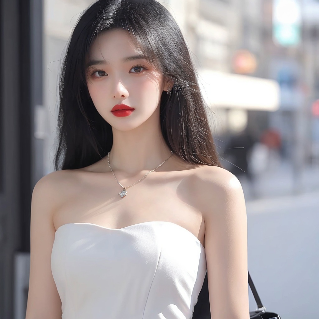 1girl, bag, bare_shoulders, black_eyes, black_hair, blurry, blurry_background, breasts, collarbone, depth_of_field, dress, jewelry, lips, lipstick, long_hair, looking_at_viewer, makeup, medium_breasts, necklace, red_lips, solo, standing, strapless, white_dress, <lora:meinv76:0.6>
