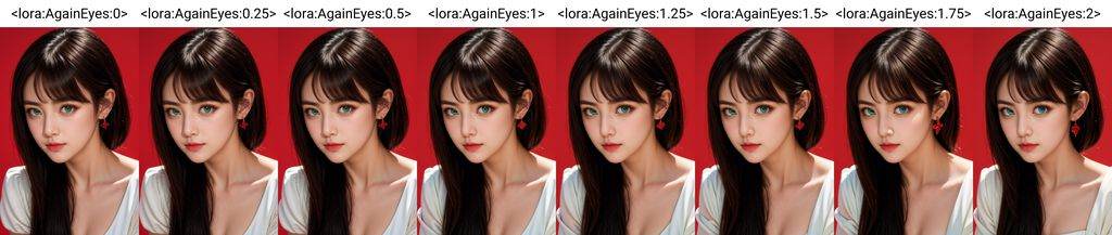 <lora:AgainEyes:0>,1girl,black hair,portrait,(white dress:1.2),green eyes,shining eyes,(red simple background:1.3),