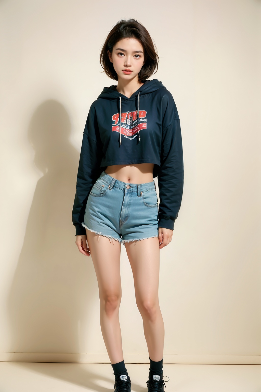 ss, hoodie, 1girl, solo, shorts, hood, navel, denim, hand on hip, midriff, full body, standing, socks, denim shorts, brown eyes, black footwear, looking at viewer, brown hair, shadow, long sleeves, shoes, black socks, short shorts, drawstring, hood down, crop top, lips, realistic, short hair, blue shorts, parted lips<lora:卫衣帽衫:0.7>,