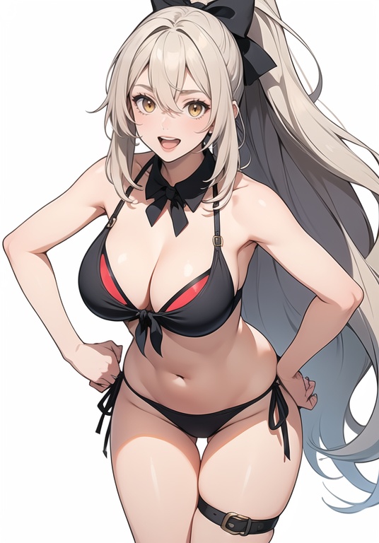 (best quality), ((masterpiece)), (highres), illustration, original, extremely detailed,1girl, breasts, solo, long hair, swimsuit, bikini, large breasts, official alternate costume, navel, cleavage, black bikini, looking at viewer, smile, open mouth, yellow eyes, simple background, hair ornament, very long hair, detached collar, bow, multi-strapped bikini, ponytail, high ponytail, bangs, leaning forward, thigh strap, white hair, ribbon, front-tie bikini top, white background, bowtie, front-tie top, bare shoulders, thigh ribbon, collarbone, hair ribbon, ass visible through thighs, halterneck, sidelocks, standing, highleg, highleg bikini, hands on hips, hair between eyes, skindentation, thighs