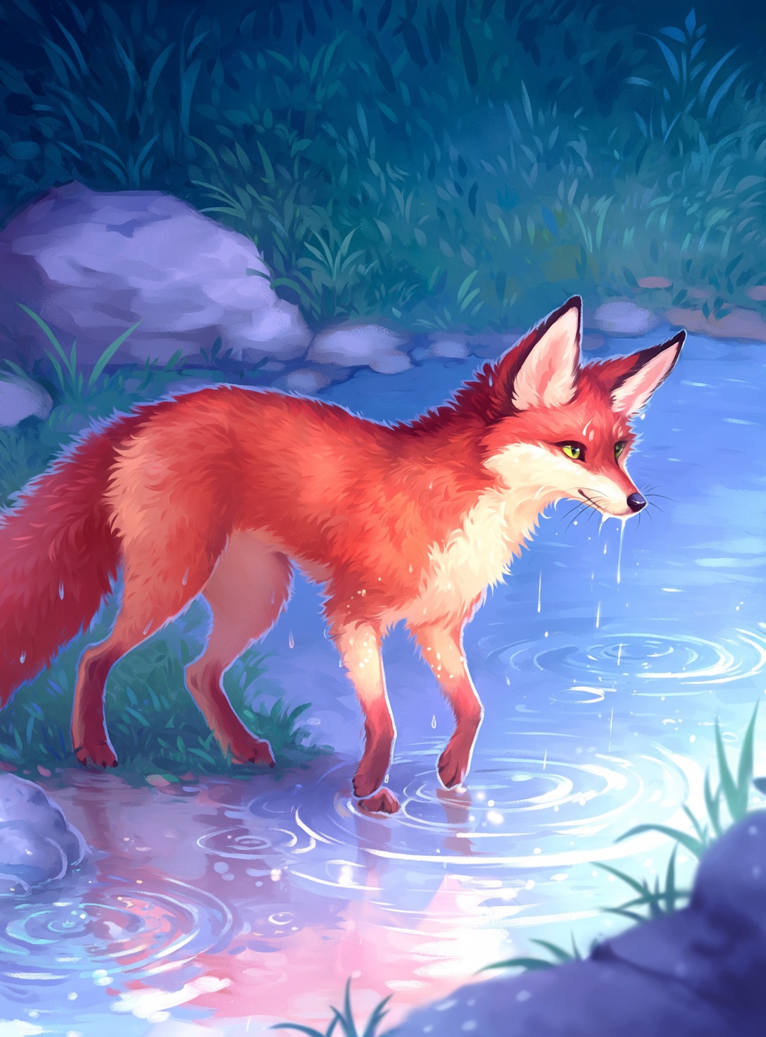 @himmis,  A solitary red fox standing near a shallow water puddle in an outdoor grassy area. Coat is rich orange-red with...