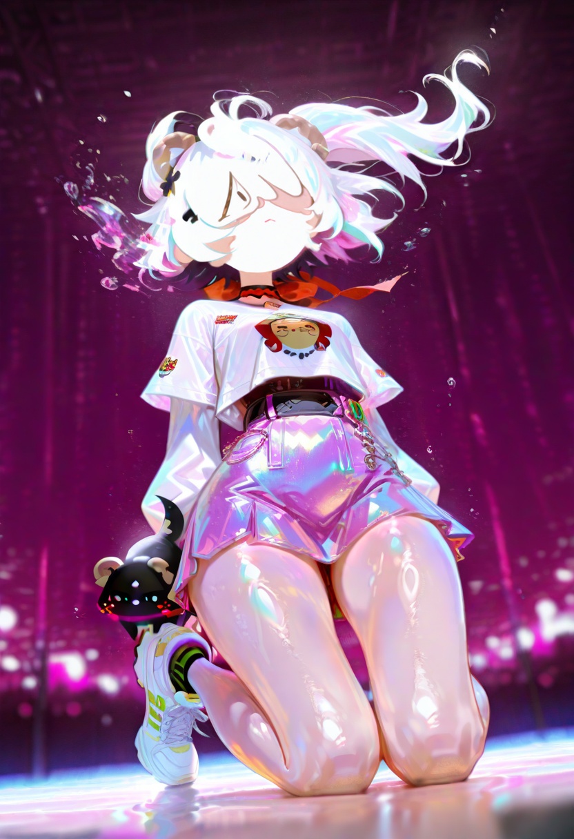 best_quality,masterpiece,cute painting style,perfect body,wide hips,slim waist,thin legs,thin waist,full body,shiny skin,xiangling_(genshin_impact),Adidas T-shirt,miniskirt,White Adidas sneakers,depth of field,dutch angle,photorealistic,shiny skin,vibrant,(distant shot:1.2),masterpiece,best quality,amazing quality,very aesthetic,absurdres,newest,volumetric lighting,looking at viewer,8k,dynamic angle,illustration,intricate details,Deep purple background,vibrant illustration,fashion details,(floating a chibi character:1.2),wearing matching colors,long_legs,longeyelashes,closed mouth,Kneeling and mimicking petting an imaginary pet,