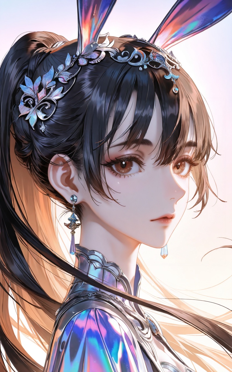<lora:小舞ill-0.0793:0.6>,xiaowu,1girl,solo,hair ornament,long hair,looking at viewer,rabbit ear headwear,ponytail,brown hair,brown eyes,black hair,jewelry,earrings,portrait,close-up details,outstanding style,adding a touch of dimension to your images without compromising details,whirls of vapor,iridescent textures,(Anime:1.1),ethereal ambiance,delicate details,magical high-concept,32K UHD,sharp focus,best-quality,masterpiece,golden hour,unconventional supreme masterpiece,masterful details,temperate atmosphere,with a high-end texture,in the style of fashion photography,photography,cover,dynamic angle,dynamic posture,(artist:quasarcake:0.8),extreme aesthetic,(wlop:0.6),(honjou raita, lack, rella:0.5, wanke),masterpiece,best quality,good quality,very aesthetic,absurdres,visual impact,a shot with tension,ultra-high resolution,32K UHD,sharp focus,best-quality,masterpiece,emotionalization,unconventional supreme masterpiece,masterful details,temperate atmosphere,with a high-end texture,in the style of fashion photography,(visual impact:1.2),giving the poster a dynamic and visually striking appearance,impactful picture,official art,colorful,splash of color,movie perspective,masterpiece,best quality,amazing quality,very aesthetic,absurdres,best quality,newest,