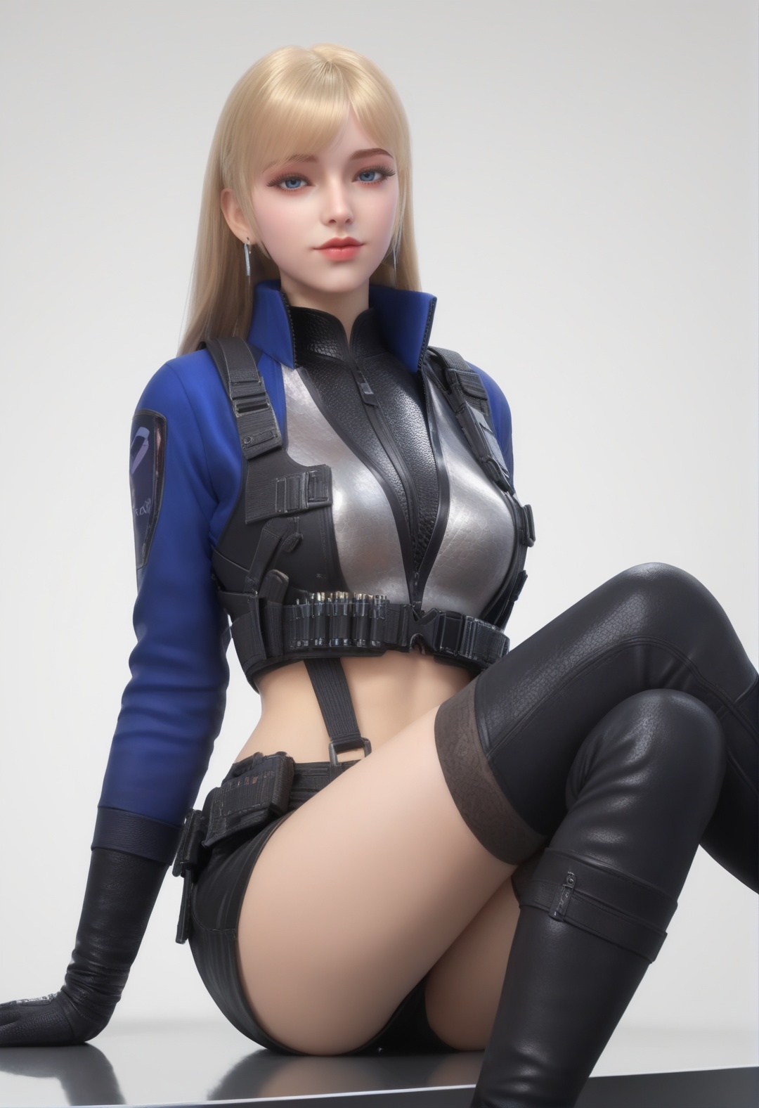 supermodel,score_8_up,score_7_up,hyperdetailed,hyperrealistic,volumetric lighting,focus on face,textured skin,eye lighting,SkinHairDetail,zPDXL,intricate and refined delicate details,unreal engine,very attractive,ultra high res,Expressiveh,realistic skin,score_9,score_8_up,score_9,score_8_up,1 girls,high cold face,yujie,breasts,jewelry,beautiful eyes,detailed eyes,best quality,<lora:cf岚兮儿:0.8>,black shorts,blonde hair,blue eyes,cf,earrings,jewelry,long hair,realistic,shorts,simple background,thigh boots,white background,whole body,sit in,crossed_legs,