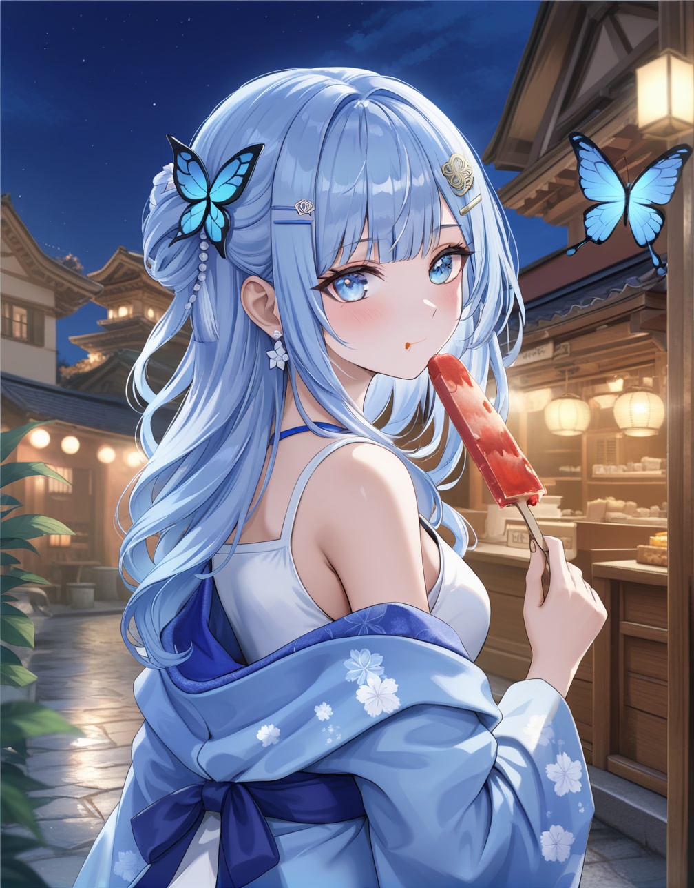 0,jw,Torino,Noyu,1girl, food, blue eyes, solo, hair ornament, long hair, virtual youtuber, looking at viewer, holding, blue hair, bangs, holding food, eating, popsicle, off shoulder, looking back, japanese clothes, butterfly hair ornament, light blue hair, sleeveless, jacket, night, hairclip, blush, upper body,(UHD),anatomically correct,accurate,textured skin,super detail,high details,award-winning,best quality,high quality,retina,16k,HD,1080P,8k,