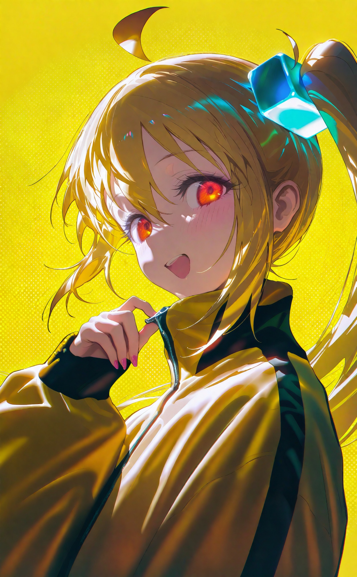 best, 1girl, cube, solo, jacket, ijichi nijika, cube hair ornament, blonde hair, long hair, side ponytail, smile, ahoge, looking at viewer, open mouth, upper body, hair ornament, yellow jacket, long sleeves, yellow background, blush, teeth, yellow theme, orange eyes, track jacket, sidelocks, hair between eyes, upper teeth only, hand up, polka dot, yellow eyes, halftone, zipper pull tab, :d, gotoh hitori, sleeves past wrists, glowing, from side, eyelashes, pink nails, halftone background, zipper, polka dot background, one side up, puffy sleeves, high collar, looking to the side, backlighting, hand on own chin, nail polish, simple background, very long hair, chromatic aberration, red eyes<lora:amei3-000040:0.9>