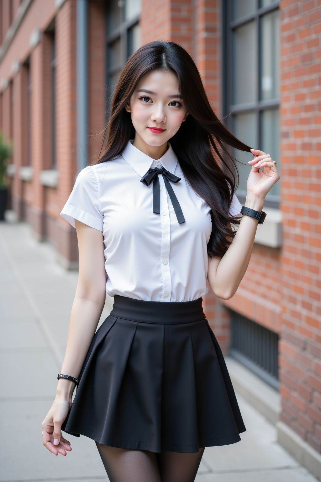 A young woman stands outdoors near a brick building with windows. She wears a white short-sleeved collared shirt paired with a tie that has a bow at the collar. Her skirt is a pleated design,and she has on black tights. Her long,dark hair flows down her back,and she wears a black wristwatch on her left wrist. One hand is raised,gently lifting a strand of hair,while the other hand rests by her side. The background features a brick wall with a window and a sidewalk,with some blurred architectural details. The overall scene is well-lit,suggesting daytime.,