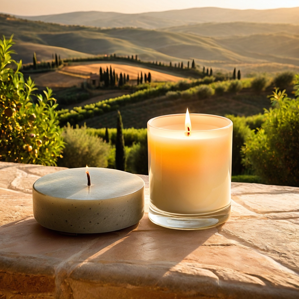 scenetuscastone,  a scented candle,  Tuscan stone terrace table on Tensor.Art