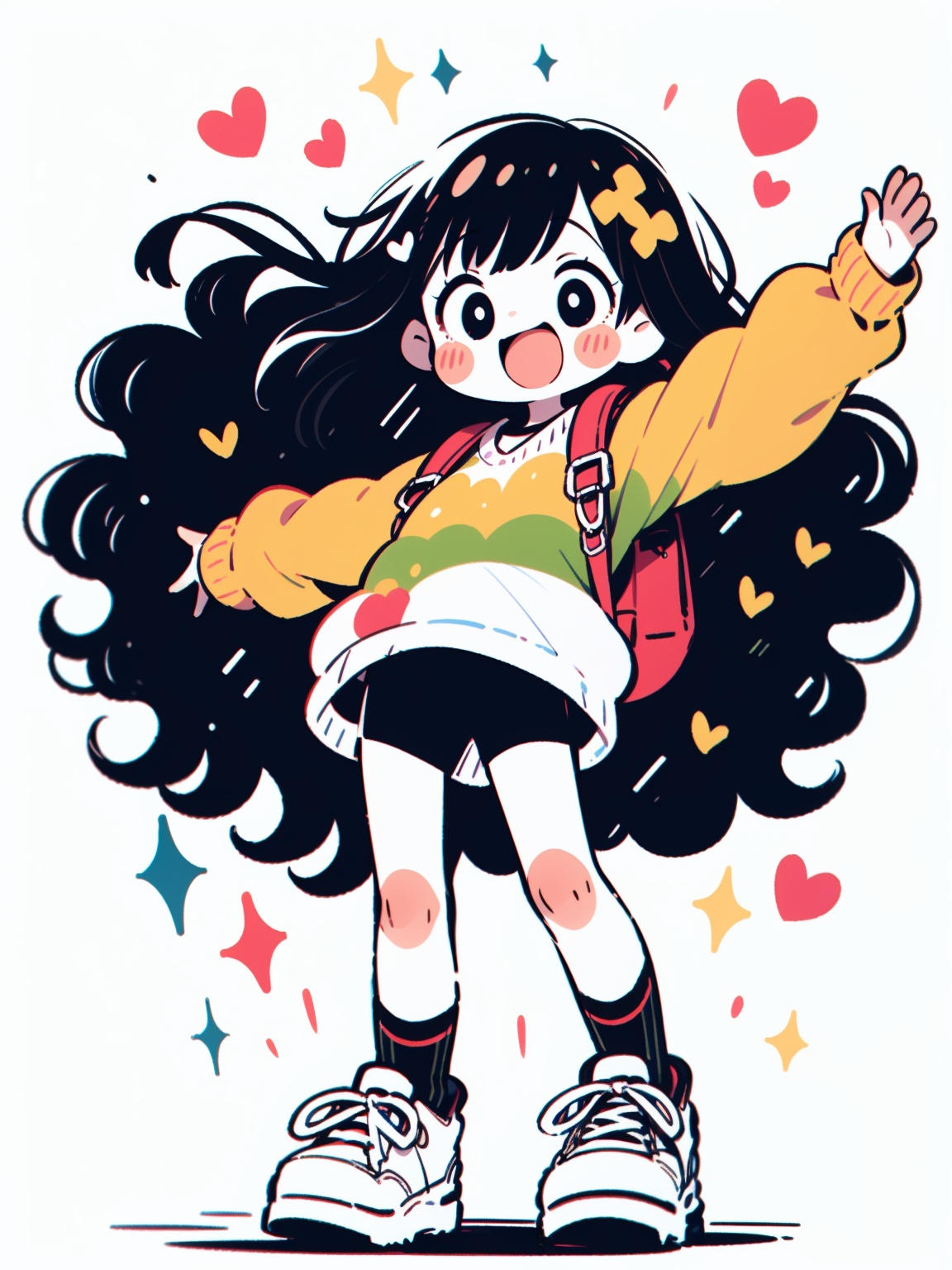 HTTP, 1girl, blush stickers, black hair, long sleeves, open mouth, smile, shoes, dot nose, white footwear, hair ornament, shorts, standing, sweater, backpack, bangs, solo, puffy long sleeves, white background, outstretched arms, :d, socks, full body, hands up, blush, sneakers, heart, heart hair ornament, simple background, black shorts, bag, black eyes<lora:HTTP_20231126194709-000006:1>