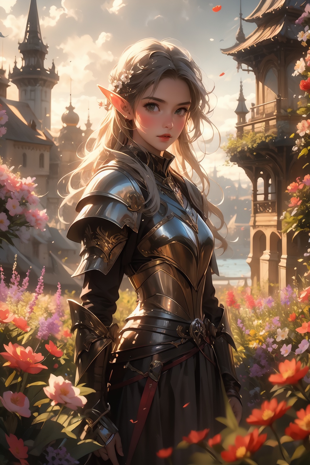 (masterpiece:1,2),best quality,elf knight01,1girl,upper_body,medieval architecture,flower sea,(front view:1.3),