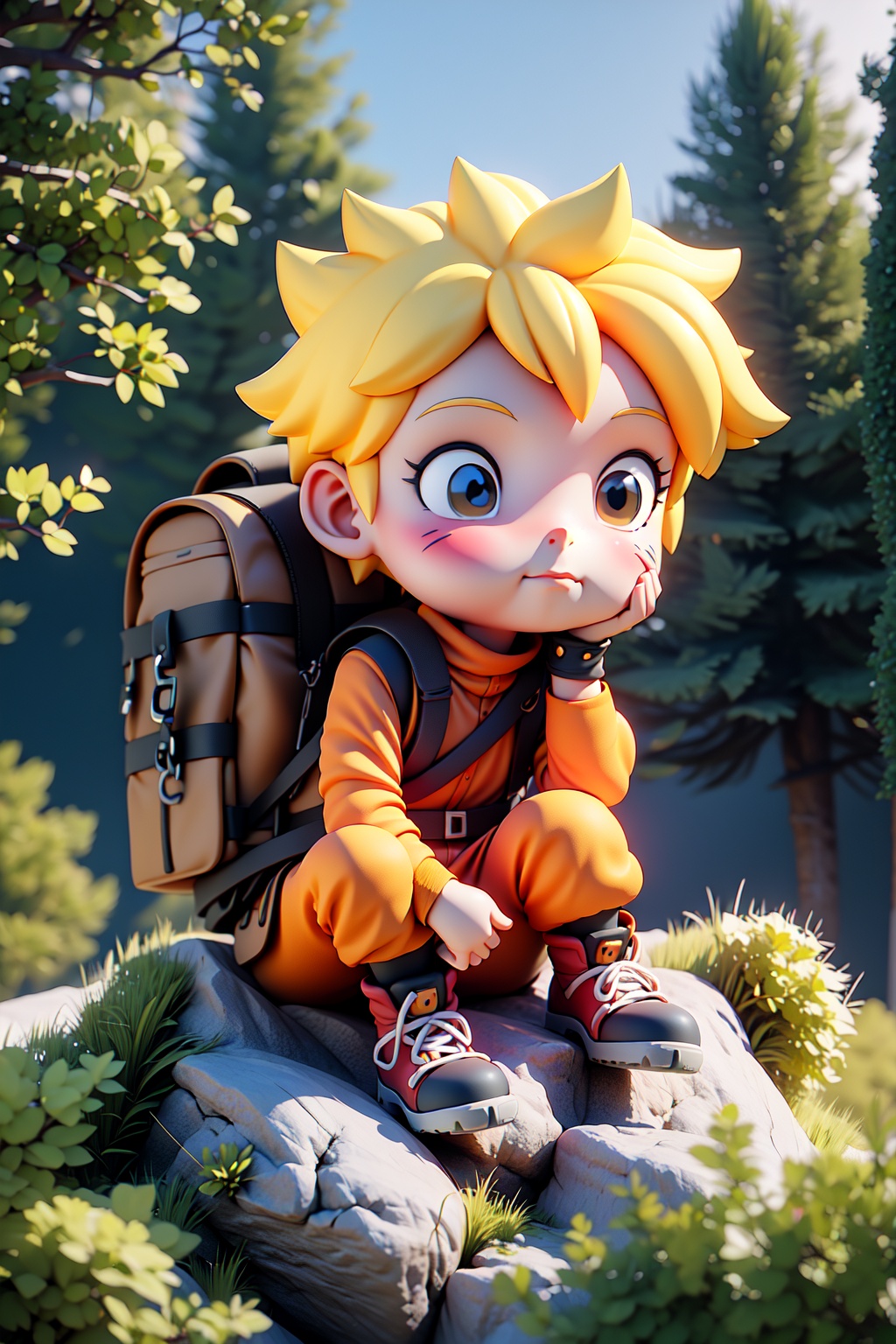1boy, blonde hair, plant, outdoor, In the forest, backpacking, exploring, grass, rocks, ,sitting, 
