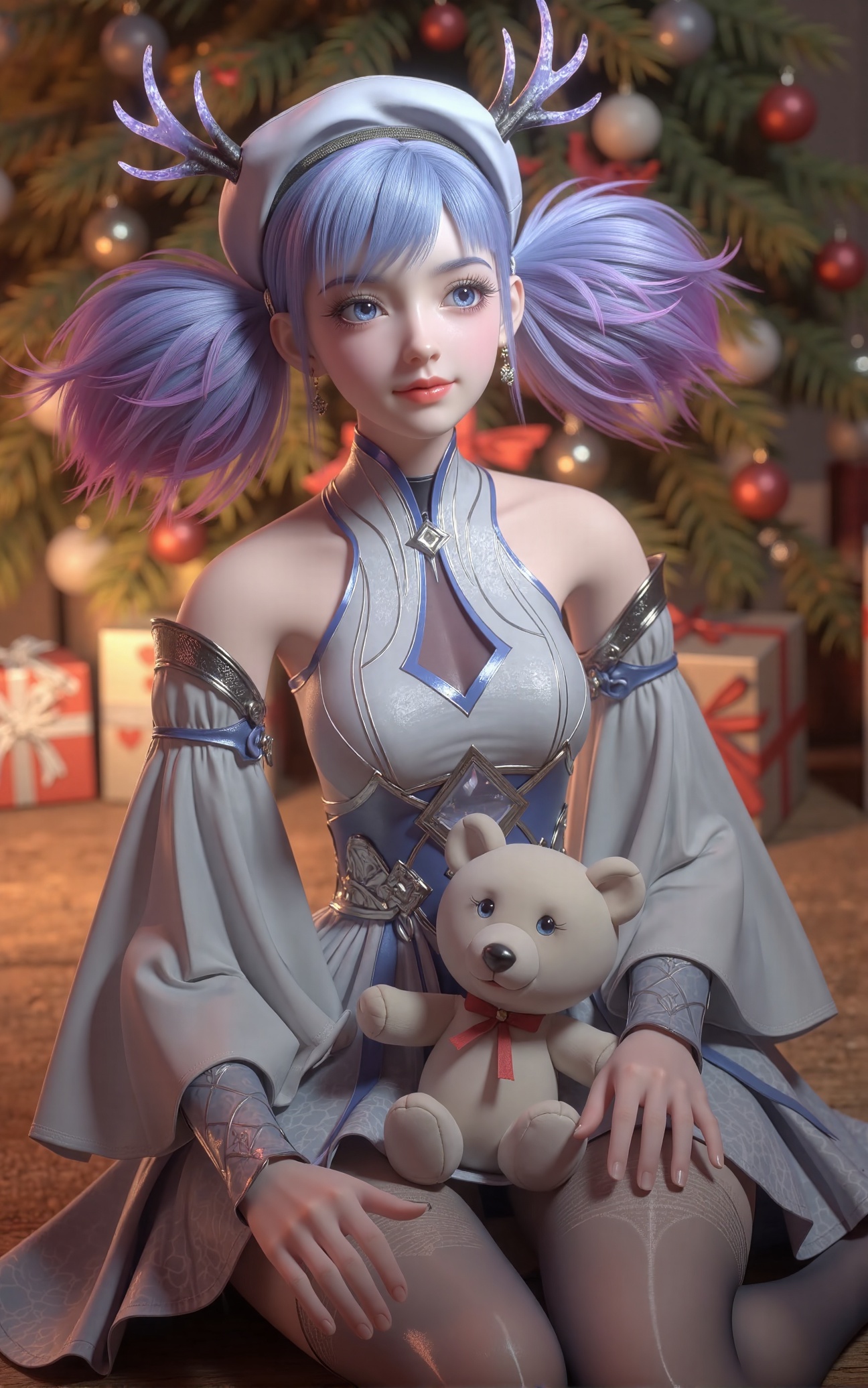 Tutu Aurora 8D Pantyhose (the name is a trigger word), Generate a warm and festive image of Xiaolu — a female character inspired by East Asian aesthetics — sitting in front of a beautifully decorated Christmas tree during winter. The atmosphere is cozy, filled with holiday ornaments, gifts wrapped in colorful paper, and soft lights twinkling around the tree.  Xiaolu has long purple hair styled in twin tails or pigtails, some strands are lavender with purple tips, others dyed blue or pink. Her bangs frame her face as she looks directly at the viewer with a gentle smile, her lips slightly parted, and a subtle blush on her cheeks. Her expression is cheerful yet serene, capturing the spirit of the season.  She wears a white and silver futuristic fantasy outfit: a high-collar dress with off-shoulder sleeves, a frilly skirt, and thigh-high stockings. Accessories include an ornate headpiece, feather-adorned hat, silver choker, large earrings, and intricate jewelry with elaborate patterns that catch the soft glow of the Christmas lights.  She sits comfortably on the floor beside a small pile of gifts, holding a plush teddy bear in her lap. A pair of festive socks rests at her feet, adding to the holiday charm. The overall mood is joyful and intimate, blending traditional Christmas elements with elegant fantasy design.  The image should be rich in detail, emphasizing facial expressions, fabric textures, lighting effects, and the warmth of the setting.  tutu Aurora 8D Pantyhose, ultra high definition details