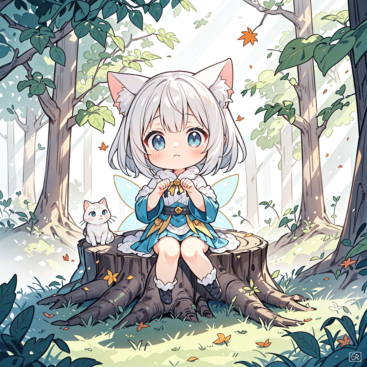 (a fairy tale setting:1.2), a digital artwork portraying a whimsical scene in an autumn forest, where a white-haired loli cat girl with captivating blue eyes sits atop a fallen tree trunk, (highly detailed:1.1), showcasing the vibrant hues of the autumn foliage, (magical ambiance:1.2), immersing the viewer in a world of enchantment and wonder, (cat-like grace:1.1), as the loli cat girl sits with elegance and poise, (soft golden light:1.1), filtering through the canopy of trees, casting a warm glow on her fur and the surrounding leaves, (dynamic composition:1.1), capturing the innocence and curiosity of the white-haired loli cat girl in the tranquil autumn forest, inviting viewers to join her in a fairy tale setting, where she finds solace and adventure amidst the beauty of nature, perched upon a fallen tree trunk, ready to embark on a whimsical journey.
