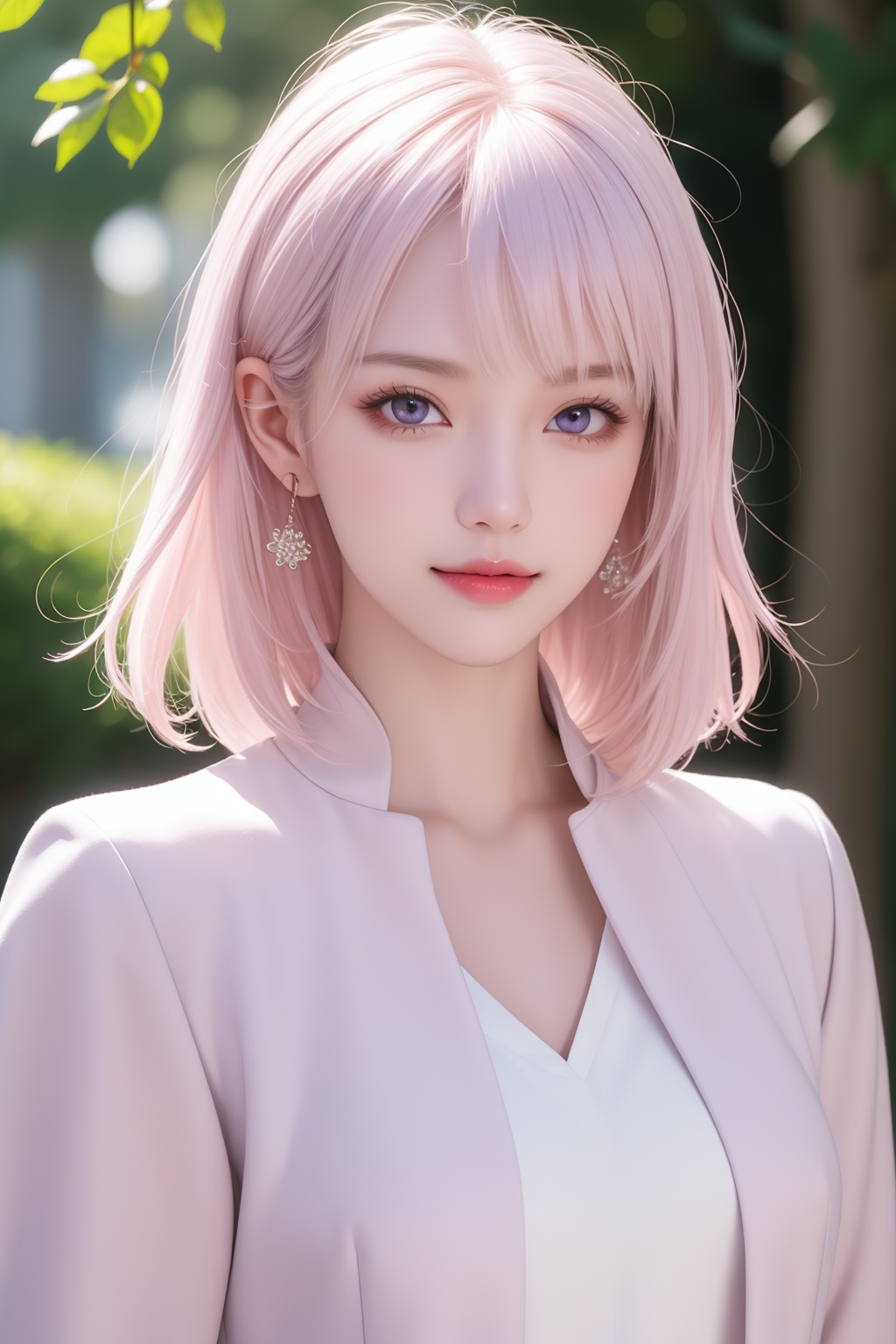 (masterpiece, best quality), intricate details, thin, ((slim)), beautiful girl, Light pink hair, white skin, light purple eyes, sharp jawline, cropped jacket, messy hair, lips, upper body, close up, smirk, outdoors, 