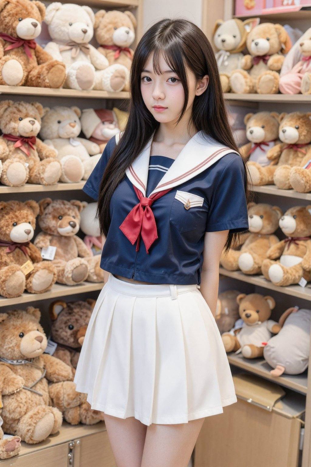 一位留着黑色长发的年轻亚裔女子站在一家玩具店里,  身穿藏蓝色水手服和白色百褶裙。她周围摆满了各种各样的毛绒玩具熊。 on Tensor.Art