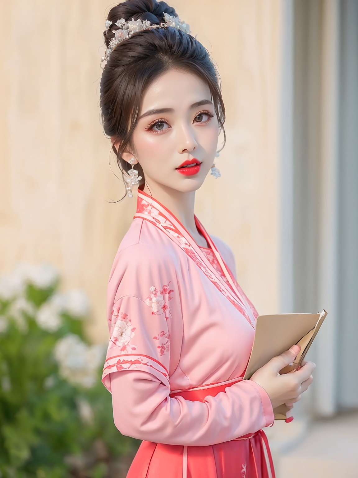 1 girl,diamond earrings,with heavy makeup,Moisturizing red lips,eye makeup,black hair,close-up,realistic,solo,<lora:蓝白汉服1.1:1>,red dress,