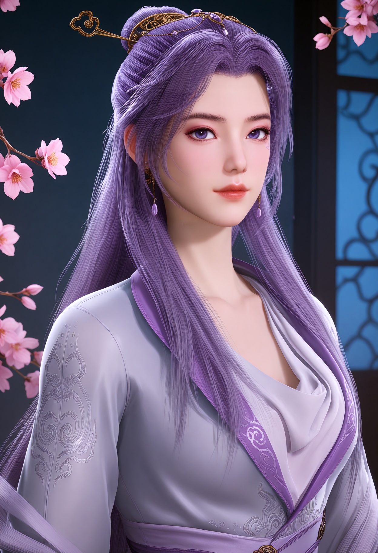 (upper_body:1.3),(looking_at_viewer:1.1),(masterpiece:1.1),(best quality:1.2),(intricate details),(smog:1.3),(Dark room:1.3),(dim lighting:1.3),peach blossom,falling petals,<lora:YQ_Illustrious光辉v5_云霄仙子_V1:0.8>,(q1528437228:1.2),long_hair,solo,1girl,purple_hair,hair_ornament,purple_eyes,jewelry,earrings,realistic,dress,long_sleeves,hair_bun,chinese_clothes,hanfu,blue_eyes,hair_stick,masterpiece,(best quality),(intricate details:0.9) BREAK (intricate details:0.9),(realistic skin:1.2),masterpiece,best quality,newest,absurdres,hiahres,