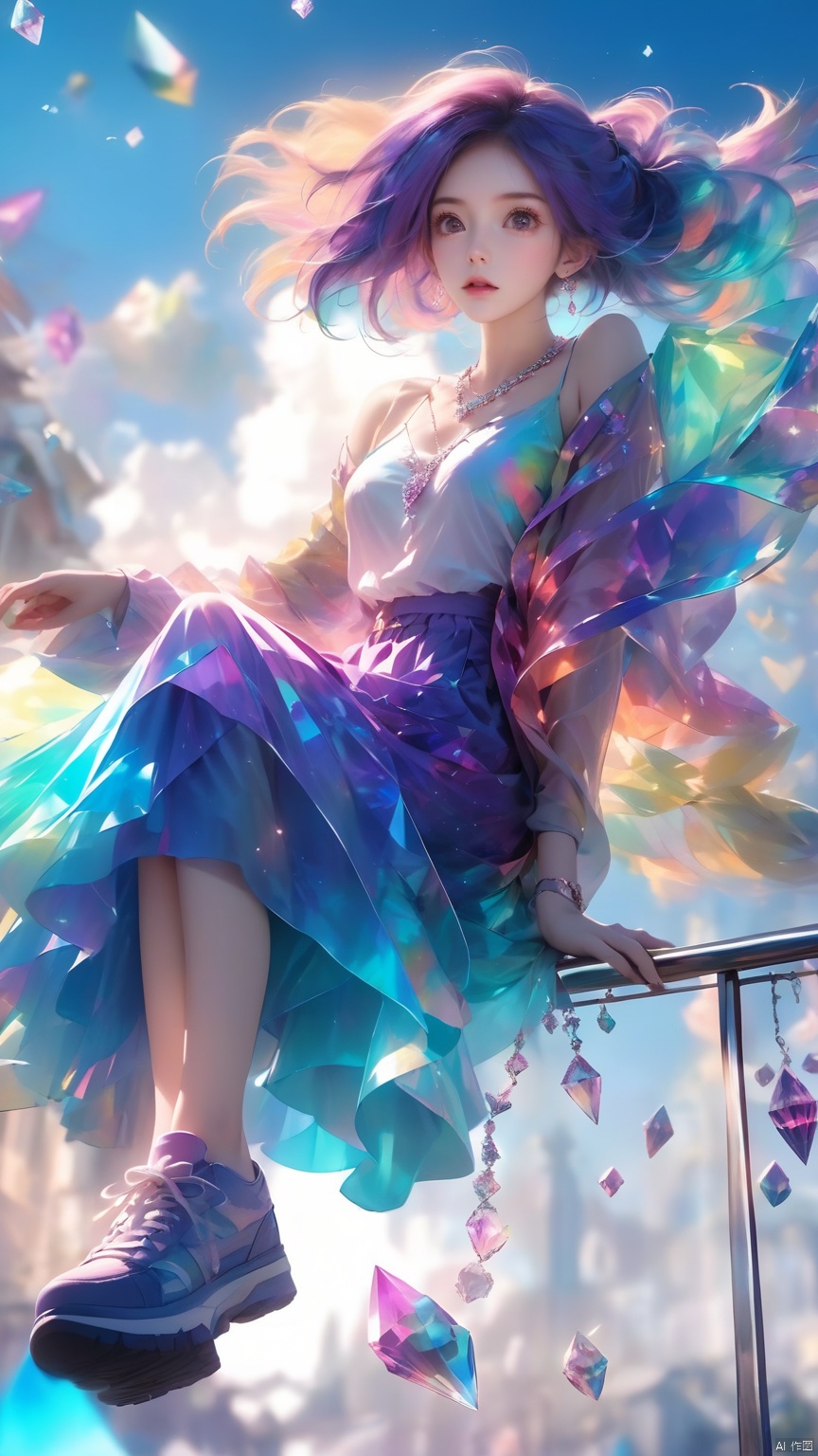 (masterpiece, best quali),1girl,blue sky,blurry background,Looking up,Shoes close to the camera,From below,full body,lips,long sleeves,looking at viewer,motion blur,outdoors,parted lips,railing,shoes,shorts,sitting,Crystal Girl, Colorful crystal decoration,Crystal necklace,Crystal on the body,Floating Colorful Crystal,Purple gradient hair,1girl, hand<lora:EMS-302898-EMS:0.600000>, <lora:EMS-303786-EMS:0.600000>, <lora:EMS-300702-EMS:0.600000>