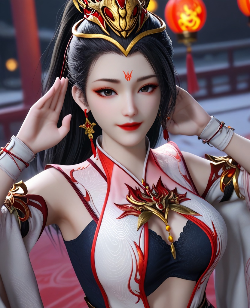 (oriental architecture, elegant decor, sophisticated style:1.1),(bunny pose:1.1),grin,(large breasts:1.2),<lora:XL16师兄啊师兄玖酒:0.95>,miss jiujiu,white dress,forehead mark,black hair,ponytail,long hair,hair ornament,jewelry,earrings,black slip dress,red lips,, score_9,score_8_up,score_7_up,score_6_up,score_5_up,score_4_up,3d rendering,tag1,tag2, Cinematic Lighting,backlighting,