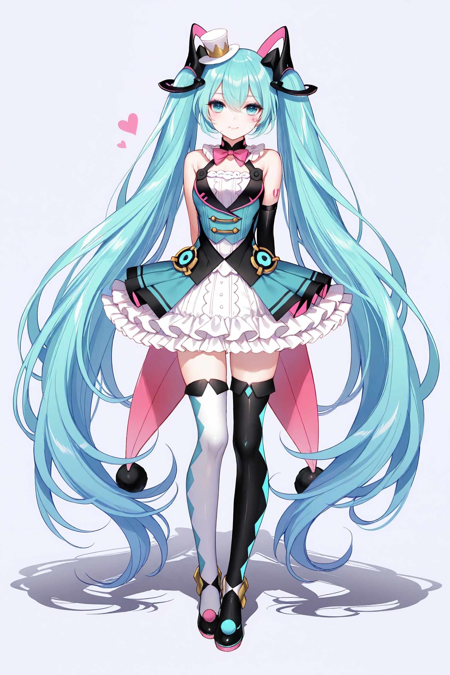 masterpiece,best quality,newest,absurdres,highres,soft shadows,photorealistic,(bison cangshu:0.5),(fuzichoco:0.6),(rimuu:0.5),(mignon:0.5),(sheya:0.6),full body,<lora:MMMiku2019XLNAI:1>,1girl,magical mirai miku \(2019\),frilled_dress,frills,mismatched legwear,white thighhighs,black thighhighs,