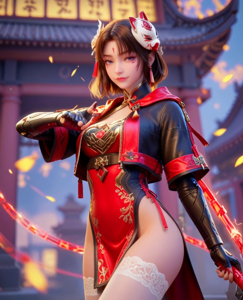 (oriental architecture, elegant decor, sophisticated style:1.1),(Cleaning:1.1),(breasts:1.2),<lora:XL穿越火线蝉:0.95>,miss chan,cropped jacket,red corset,facial mark,blue eyes,brown hair,short hair,fox bun cover,fingerless gloves,red pelvic curtain,white thighhighs,black shorts,fire whip,mask on head,, score_9,score_8_up,score_7_up,score_6_up,score_5_up,score_4_up,3d rendering,tag1,tag2, Cinematic Lighting,backlighting,, zPDXL3, zPDXL2,zPDXL, zPDXLxxx, zPDXLrl,