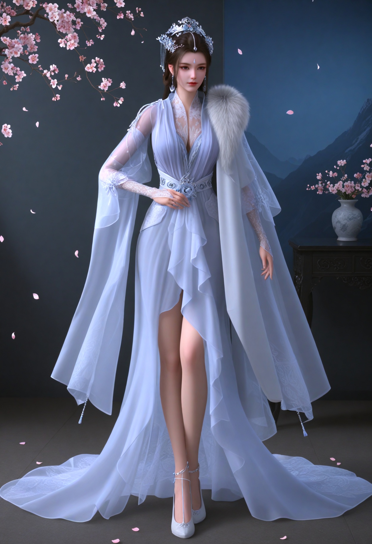 (full_body:1.1),(gigantic breasts:0.6),(slender:1.3),(looking_at_viewer:1.1),(masterpiece:1.1),(best quality:1.2),(intricate details),(smog:1.3),(Dark room:1.3),(dim lighting:1.3),peach blossom,falling petals,<lora:YQ_Illustrious光辉v5_月瑶_V1:0.8>,1girl,q1528437228,jewelry,hair_ornament,long_hair,black_hair,earrings,dress,chinese_clothes,realistic,white_dress,forehead_mark,facial_mark,hair_bun,fur_trim,brown_hair,flower,single_hair_bun,cape,long_sleeves,brown_eyes,necklace,gem,blue_eyes,braid,blue_dress,hair_flower,white_footwear,anklet,hand_fan,masterpiece,(best quality),(intricate details:0.9) BREAK (intricate details:0.9),(realistic skin:1.2),masterpiece,best quality,newest,absurdres,hiahres,