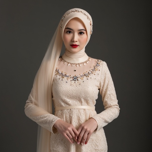 a indonesian woman wearing kebaya and hijab,  she wears bold red lipstick and powerful eyeshadow,  she looks very serious...