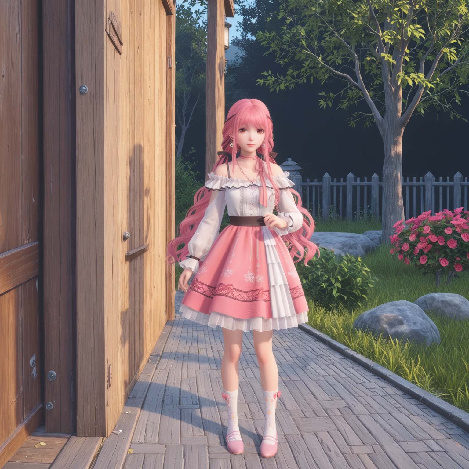 <lora:YQponynuannuanV4:0.8>,q1528437228,solo,1girl,long_hair,pink_hair,dress,ribbon,bangs,long_sleeves,hair_ribbon,pink_skirt,jewelry,twintails,brown_eyes,necklace,skirt,choker,pink_eyes,braid,virtual_youtuber,socks,white_shirt,black_ribbon,sidelocks,shirt,floral_print,pink_footwear,shoes,pink_dress,frills,very_long_hair,white_socks,bow,ponytail,pink_ribbon,bag,hair_ornament,bare_shoulders,low_twintails,earrings,hair_bow,BREAK score_9,upper_body,portrait,shiny_skin,looking at viewer,cinematic lighting,volumetric lighting,solo focus,(huge breasts:0.9),(simple background,pure black background,black background:1.1),