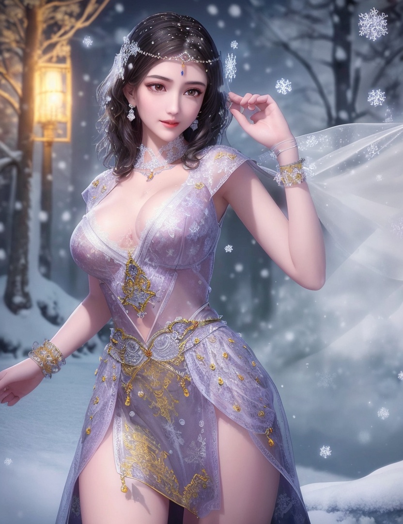 ultra realistic 8k cg, flawless, clean, masterpiece, professional artwork, famous artwork, cinematic lighting, cinematic bloom, perfect face, beautiful face, fantasy, dreamlike, unreal, science fiction,   lace, lace trim, lace-trimmed legwear, luxury, jewelry, diamond, gold, pearl, gem, sapphire, ruby, emerald, intricate detail, delicate pattern, charming, alluring, seductive, erotic, enchanting, hair ornament, necklace, earrings, bracelet, armlet,halo,autumn,((,1girl, pov,best quality, ))  , ((((1girl, solo,outdoors, large breasts,,snowflakes,  snow, snowing,   ))))    <lora:DA_BaiCai:0.7>