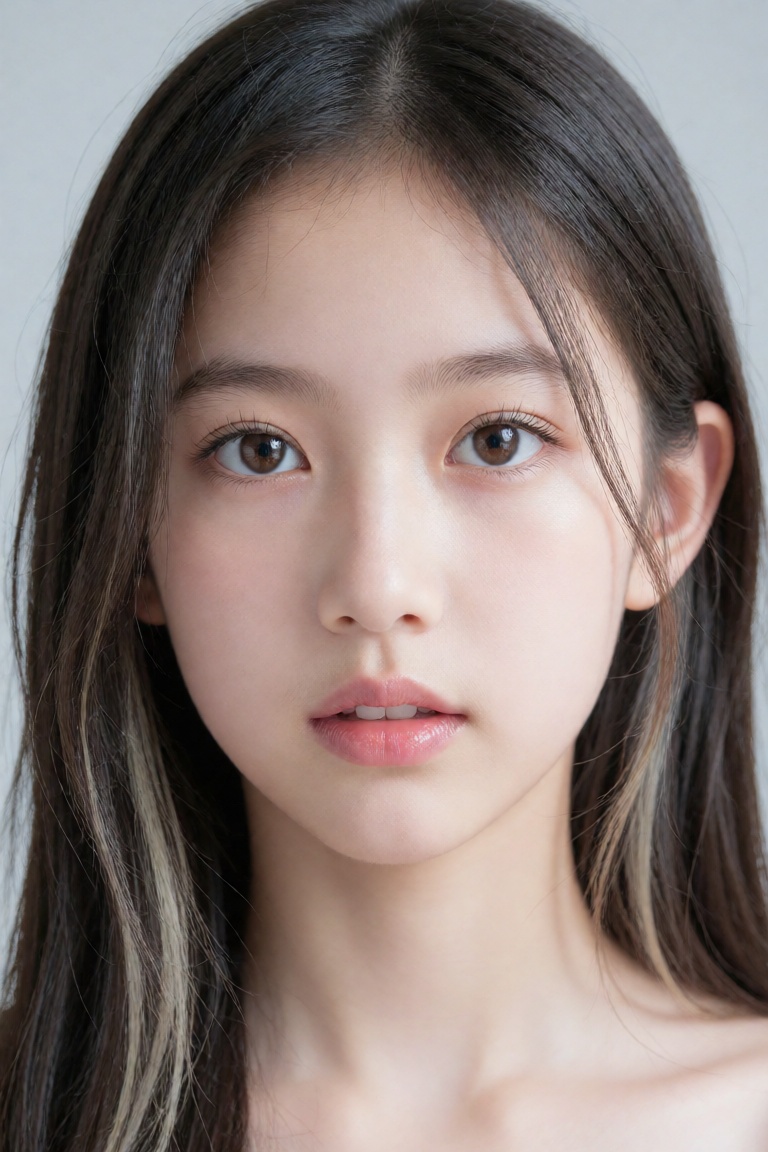 A headshot portrait of a young East Asian female,  appearing to be in her late teens,  is centrally framed. She has long b...