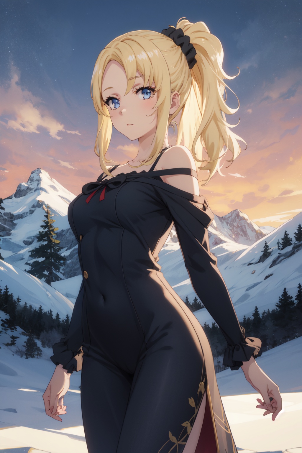 <lora:Nodoka:0.8>,Nodoka CYQL,1girl,looking at viewer,solo,blonde_hair,ponytail,bangs,long_hair,hair_scrunchie,black_scrunchie,scrunchie,blue_eyes,Velvet off-the-shoulder mermaid gown,teasing_smile,bust,Pass, Snow, Alps, Mountains, Peaks, Cold, Adventure, Serenity,(California poppies, Sunset glow, Poppy field, Golden hues, Evening light, California landscape:0.5),beautiful detailed sky,beautiful detailed glow,posing in front of a colorful and dynamic background,masterpiece,best quality,beautiful and aesthetic,contrapposto,female focus,wallpaper,