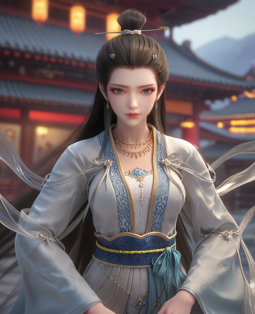 (oriental architecture, elegant decor, sophisticated style:1.1),(practicing martial arts,the hip throw:1.1),(breasts:1.2),<lora:XL16长生界九州神女兰若:0.95>,miss lanruo,white dress,blue eyes,black hair,very long hair,hair bun,necklace,hanging hair,hair ornament,silk shawl,white bra,sash,blue dress hem,, score_9,score_8_up,score_7_up,score_6_up,score_5_up,score_4_up,3d rendering,tag1,tag2, Cinematic Lighting,backlighting,