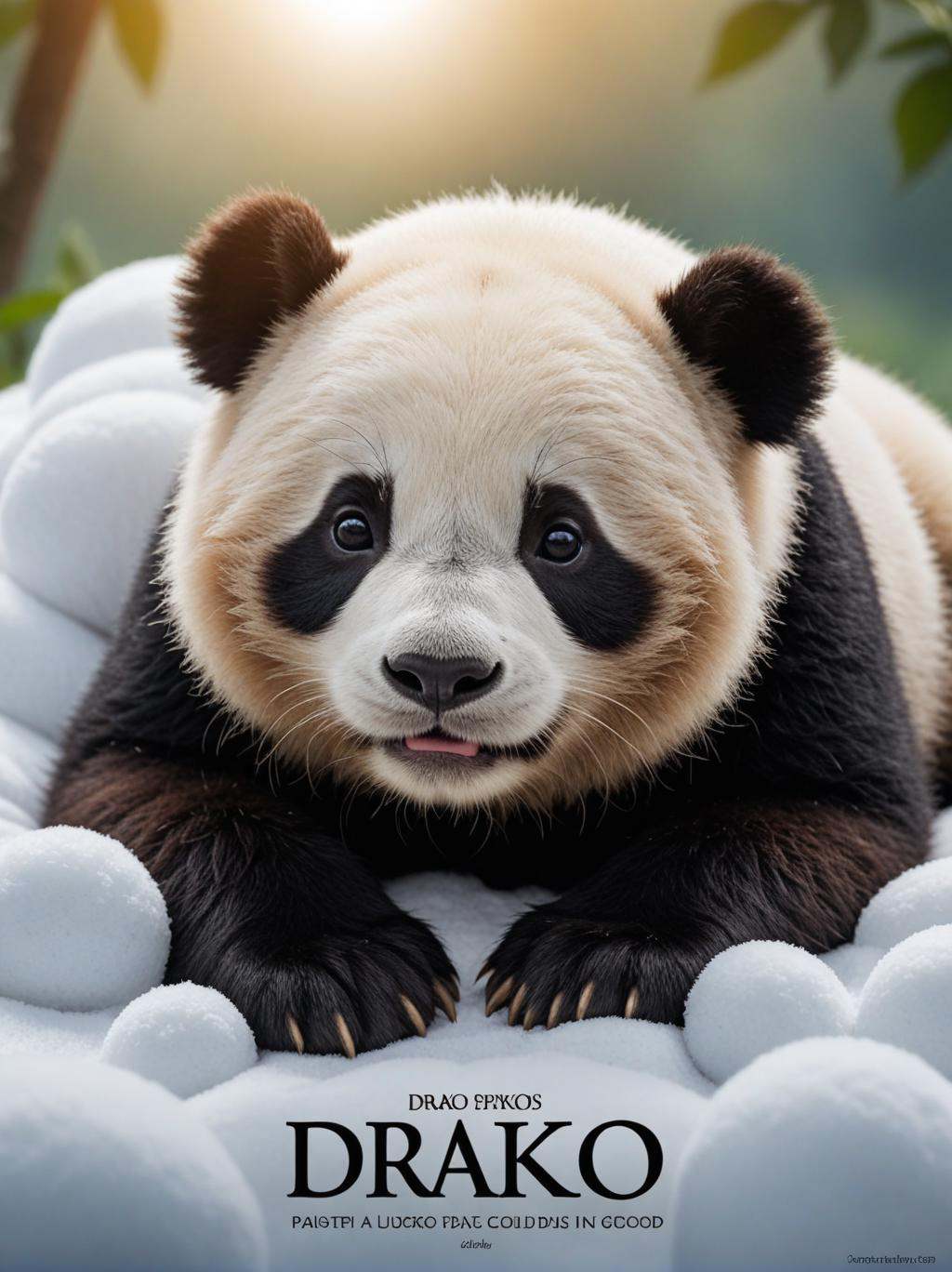 (movie poster with title and text graphics:1.3) (under the title banner text logo "D\R\A\K\O":1.5), Photography of a Cute furry baby panda sleeping on flying cloud, highly detailed, instagram flickr, sharp focus, canon 5d f16.0 style, natural lighting, ultra-realistic