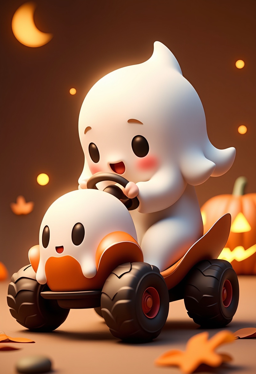 Vibrant 3D chibi art of CHLO,  adorable ghost with a sweet expression,  driving a whimsical go-kart crafted from a delicat...