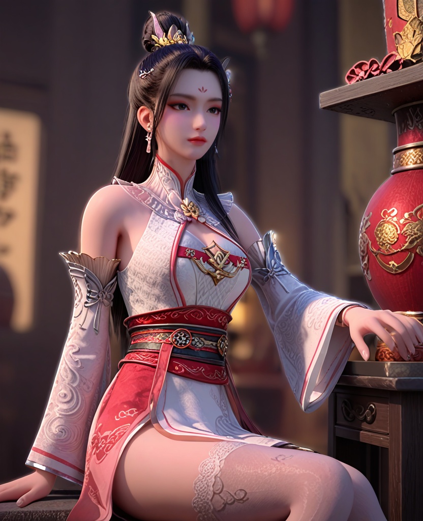 (oriental architecture, elegant decor, sophisticated style:1.1),(legs crossed:1.1),(breasts:1.2),<lora:XL暗河传白鹤淮:0.9>,miss baihehuai,white dress,forehead mark,hair ornament,black hair,jewelry,detached sleeves,mesh print,black eyes,see-through detached collar,sash,pink overskirt,silver thighhighs,, score_9,score_8_up,score_7_up,score_6_up,score_5_up,score_4_up,3d rendering,tag1,tag2, Cinematic Lighting,backlighting,