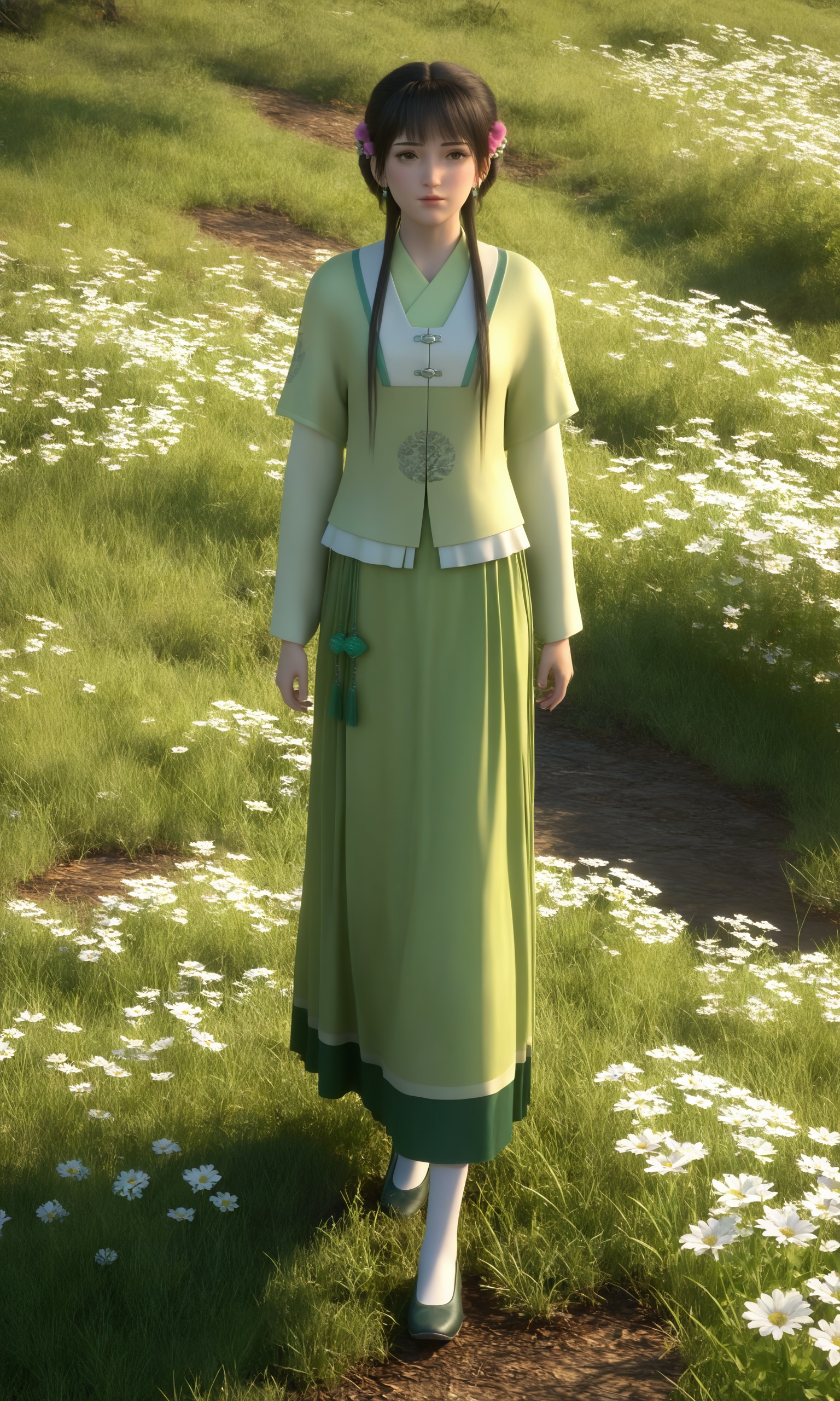 <lora:回明-韩幼娘-绿衣Pony:0.8>,1girl,straight brown hair,bangs,two braids adorned with pink flowers,traditional,light green dress,long sleeves,white undershirt,green sash with tassels,long,olive-green and dark green skirt,white socks,dark green flat shoes,score_9,score_8_up,score_7_up,source_anime,day,Blend swirling,whirlpool-like patterns of intense and contrasting colors,with spiraling motions and chaotic color interactions,highly detailed,ultra-high resolution,32K UHD,sharp focus,best-quality,masterpiece,Emotionalization,golden hour,unconventional supreme masterpiece,masterful details,temperate atmosphere,with a high-end texture,in the style of fashion photography,Dynamic Angle,Dynamic posture,