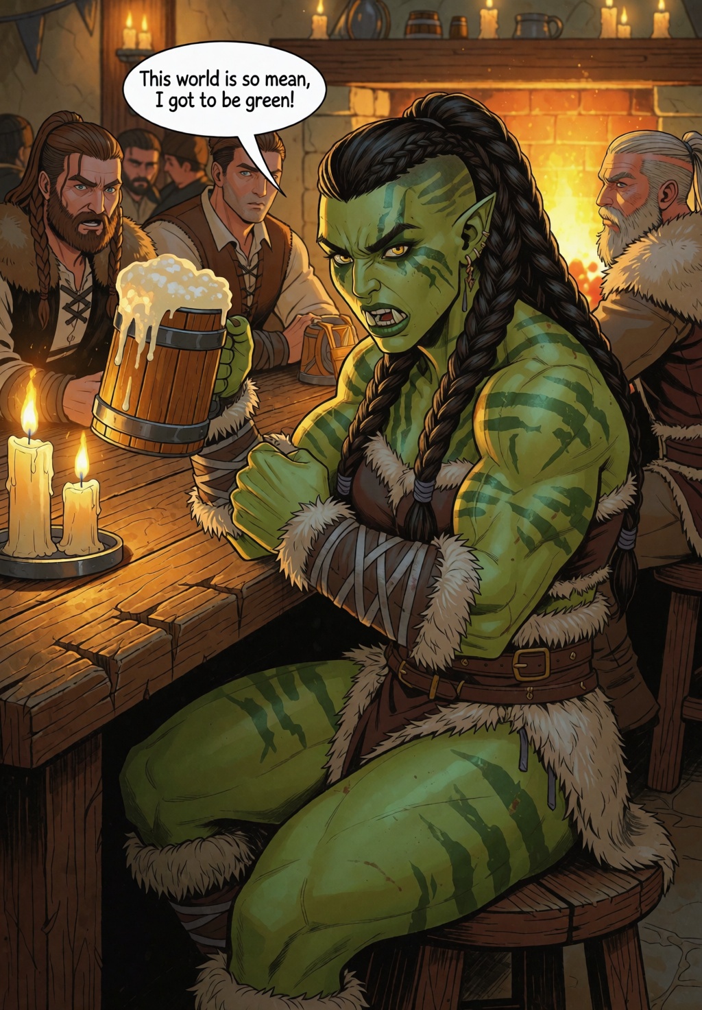 A muscular female orc with green skin and prominent lower tusks,  sitting on a wooden stool near scarred oak bar table in...