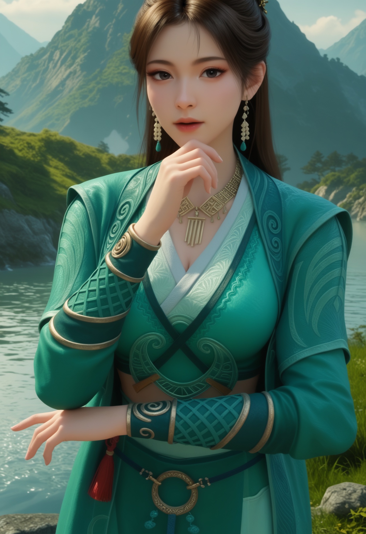 score_9,score_8_up,score_7_up,1girl,solo,long hair,realistic,looking at viewer,shiny_skin,oil,(mature face:1.3),1girl,solo,(big breasts:1.3),(cleavage:1.2),upper body,hanfu,chinese clothes,china dress,dress,green jacket,green skirt,green dress,(long skirt:1.2),long sleeves,green coat,crop top,midriff,coat,cropped shirt,green shirt,cape,champion's tunic (zelda),green footwear,boots,skirt,thigh strap,ribbon,1girl,solo,looking at viewer,jewelry,necklace,hair ornament,hair bun,tassel,tassel earrings,eyelashes,earrings,bracelet,black ribbon,belt,character close-up,brown hair,black eyes,ponytail,collarbone,closed mouth,navel,1girl,pouring,looking up,open mouth,holding,gourd,water,realistic,scenery,mountain,tree,outdoors,sky,cloud,cloudy sky,day,bridge,water,river,fog,<lora:皮肤凹痕:0.3>,<lora:慕沛灵:0.75>,