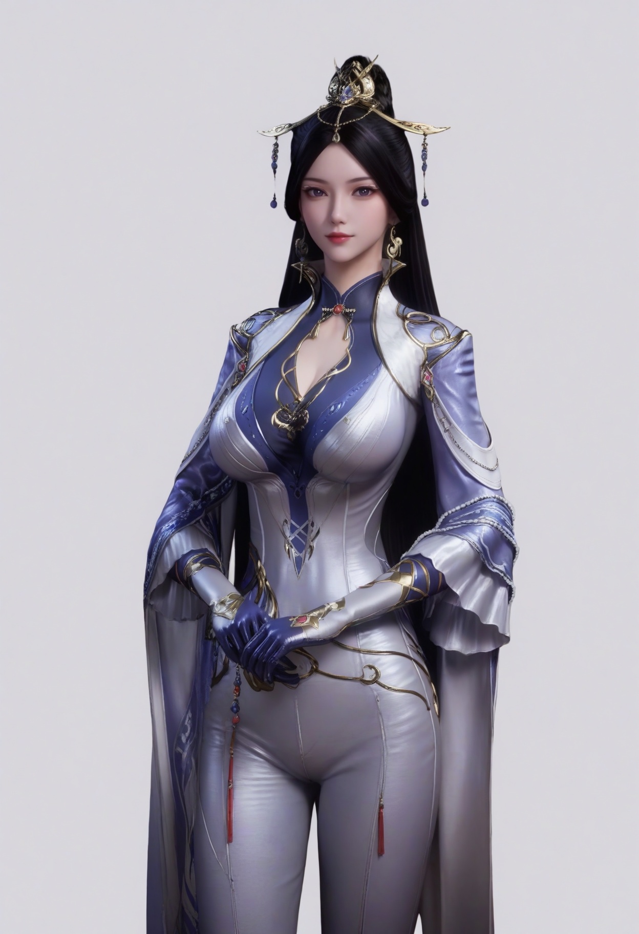 score_9,<lora:SF_QiuQingEr_Pony_Realism2.3-000003:0.7>,1girl,solo,hair ornament,long hair,dress,hair bun,breasts,large breasts,dress,pants,black hair,gloves,looking at viewer,white background,simple background,