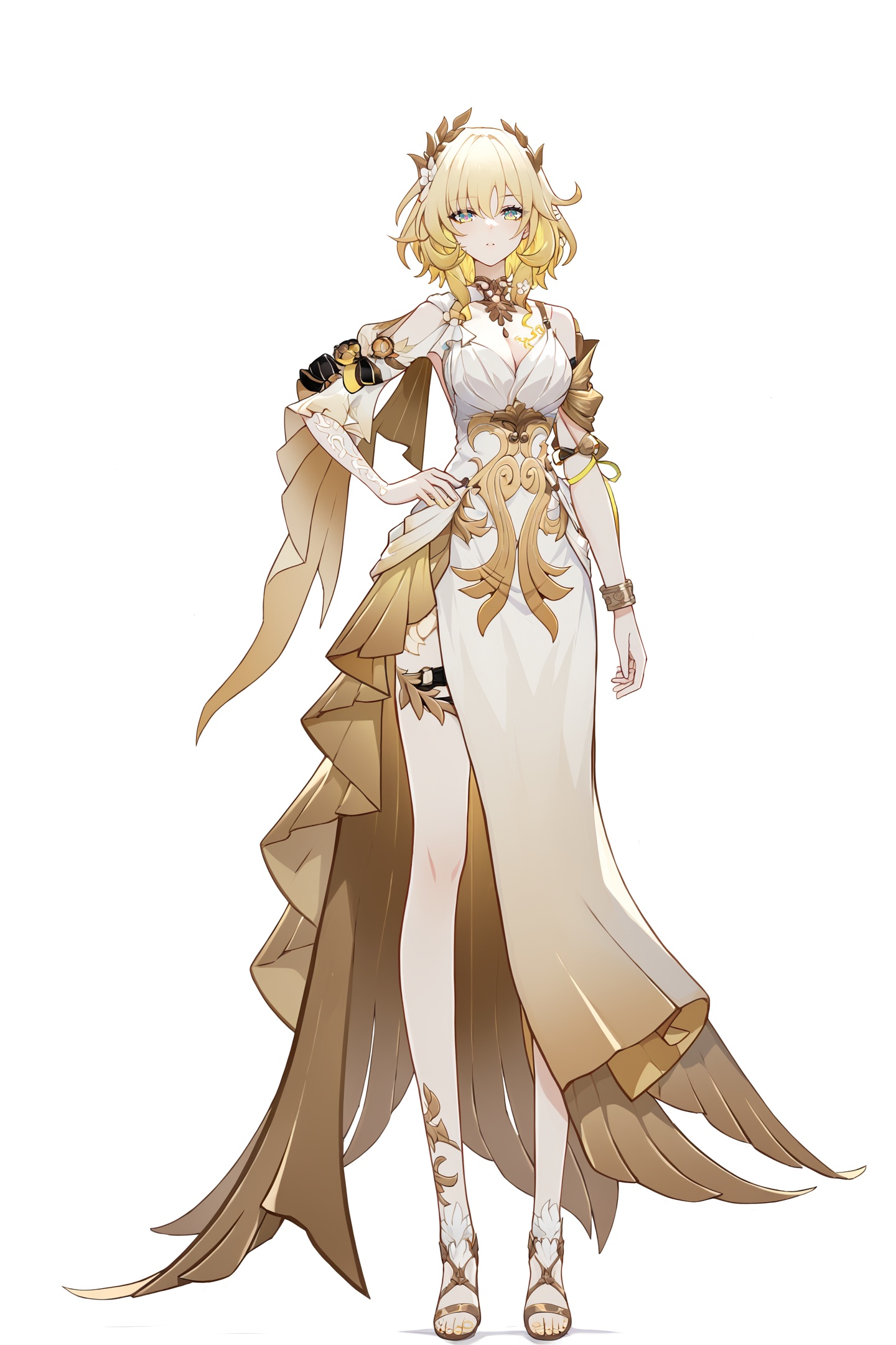 score_9,score_8_up,score_7_up,score_anime,8k,best quality,masterpiece,(ultra-detailed),(high detailed skin),(by nanoless, by misumi \(macaroni\),:0.5),<lora:YLI 0.1v:0.25>,<lora:style1:0.25>,A full-body portrait of a young girl,standing gracefully,pastel art style,high-key lighting,shoujo manga influence,hd quality,delicate details,full body,full shot,standing,looking at viewer,(solo:1.2),simple background,white background,hand on own hip,<lora:Aglaea-pony-Tanger:0.8>,Aglaea \(Honkai: Star Rail\),clothes: Aglaea def white dress,1girl,blonde hair,breasts,cleavage,